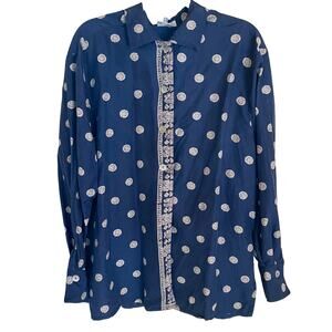 Vintage Apriori Silk Blue Button Down Blouse with Vegetal Print